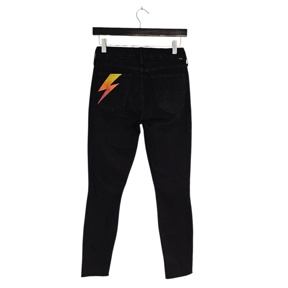 MOTHER Black Skinny Jeans with Yellow-Orange Lightning Bolt